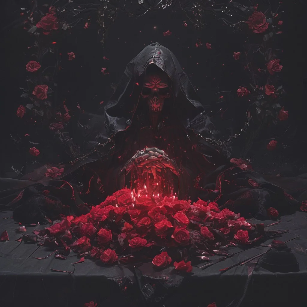 A cinematic shot of a evil demon witch casting magic, wearing black magical robe, casting red magic spells, surrounded by roses, dark atmosphere, hkhorror, hkmagic, masterpiece, best quality, highly detailed, sharp focus, dynamic lighting