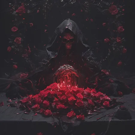 A cinematic shot of a evil demon witch casting magic, wearing black magical robe, casting red magic spells, surrounded by roses, dark atmosphere, hkhorror, hkmagic, masterpiece, best quality, highly detailed, sharp focus, dynamic lighting