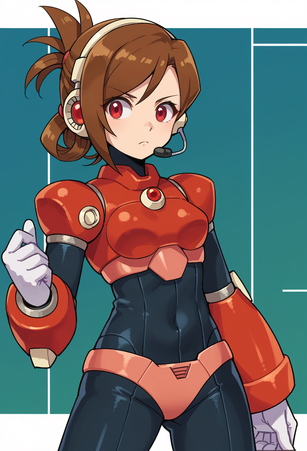 score_9, score_7_up, source_anime, (solo:1.2), BREAK  <lora:Reploid_v2.0:1> megamanreploid, android, gloves, white gloves, armor, bodysuit, robot ears, headset,, solo, frown,
1girl, red eyes, tsurime, brown hair, medium hair, asymmetrical bangs, swept bangs, flipped hair, folded ponytail, small breasts,