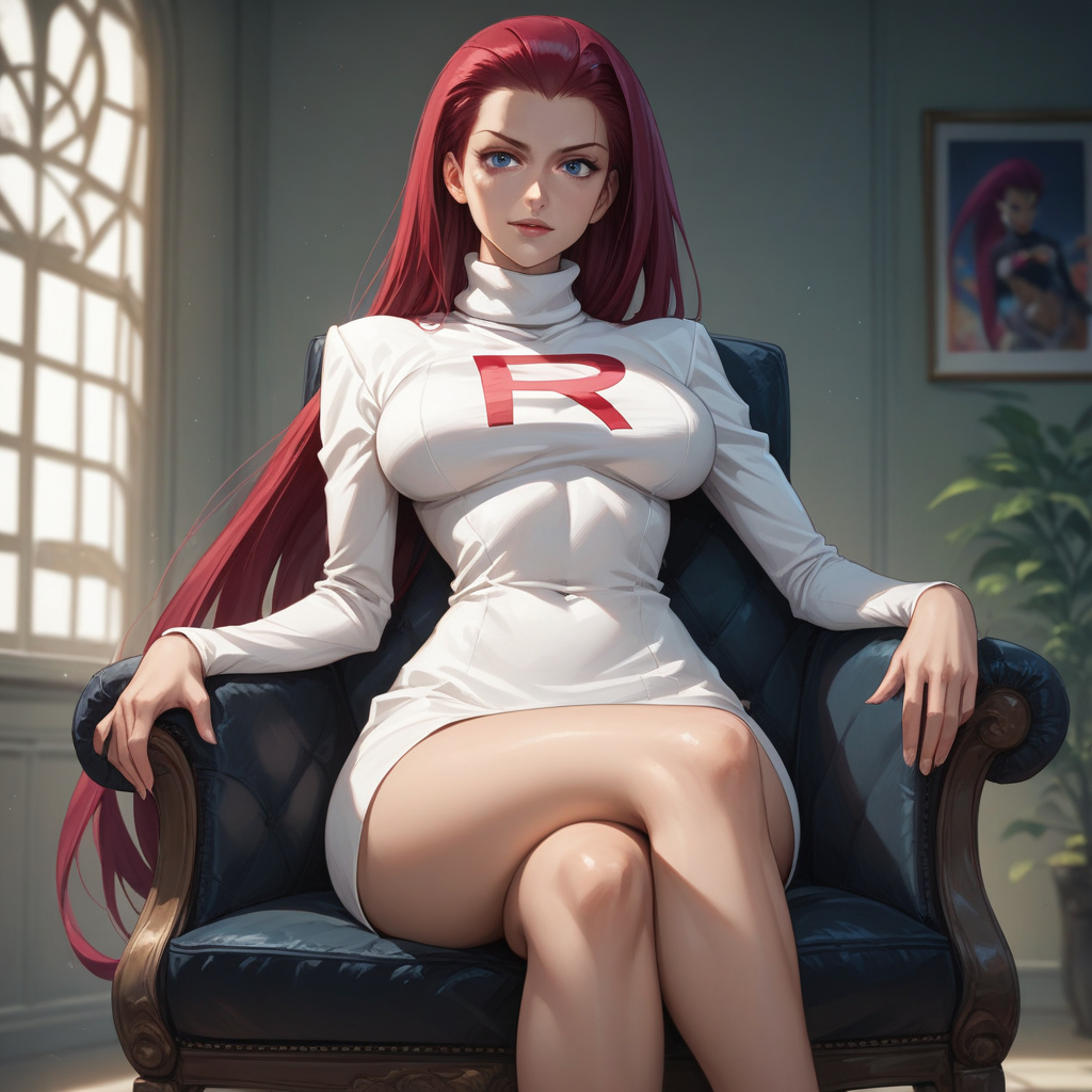 Basic Instinct Pose, B4sic1nstinctP0se, basic_instinct_(movie), source_anime,  artist style:Urushihara Satoshi, source_hentai, source_anime,1woman, looking at viewer, facing viewer, dress, turtleneck, sitting, on_chair, bare_legs, high_heels, masterpiece,, score_9, score_8_up, score_7_up, score_6_up, Jessie\(Pokemon\), BREAK, 1girl, solo, (Jessie from Pokemon), redhead, long hair, perfect face, perfect eyes, sexy, sexy girl, seductive, beautiful eyes, petite body, wide hips, large breasts, posing, dynamic angle,