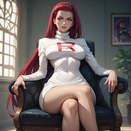 Basic Instinct Pose, B4sic1nstinctP0se, basic_instinct_(movie), source_anime, artist style:Urushihara Satoshi, source_hentai, source_anime,1woman, looking at viewer, facing viewer, dress, turtleneck, sitting, on_chair, bare_legs, high_heels, masterpiece,, score_9, score_8_up, score_7_up, score_6_up, Jessie\(Pokemon\), BREAK, 1girl, solo, (Jessie from Pokemon), redhead, long hair, perfect face, perfect eyes, sexy, sexy girl, seductive, beautiful eyes, petite body, wide hips, large breasts, posing, dynamic angle,