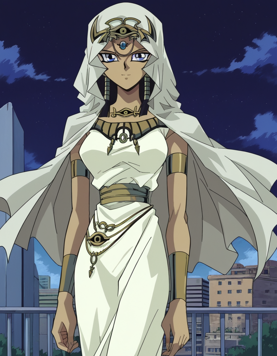 score_9, score_8_up, score_7_up, source_anime,
ishuzuishtar, <lora:ishuzu-ishtar-anime-ponyxl-lora-nochekaiser:1>,
ishuzu ishtar, blue eyes, dark skin, dark-skinned female, black hair, egyptian,
dress, jewelry, hood, cape, armlet, eye of horus,
outdoors, cityscape, smile,
looking at viewer, dutch angle, cowboy shot,