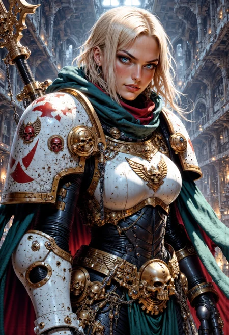 blonde female knight, wearing WhiteS40K power armor, and holding a spear <lora:FluxWhiteS40K:1> <lora:FluxMythP0rtr4itStyle:0.7>