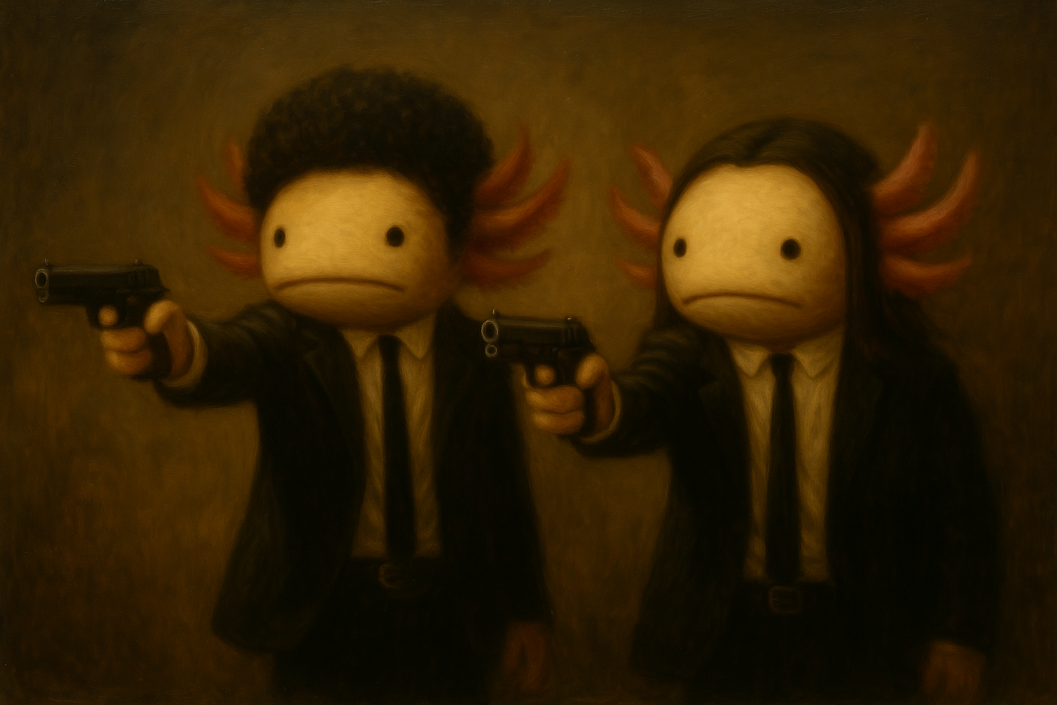 a traditional oil painting parodying the iconic pose from pulp fiction, reimagined with anthropomorphic axolotls. two axolotls in black suits and skinny ties stand side by side against a muted backdrop, each with one arm outstretched, aiming a pistol with a single-handed grip. their faces are plush and simplified — black dot eyes, rounded cheeks, no nostrils, and drooping gills. one axolotl has a fluffy afro wig, the other straight mid-length hair. the composition is calm and symmetrical, with dramatic lighting casting soft shadows behind them. the palette is restrained: black suits, white shirts, warm skin tones, and a neutral brown-gray background. the painting is rendered in velvety brushstrokes, evoking both humor and reverence for cinematic iconography.

