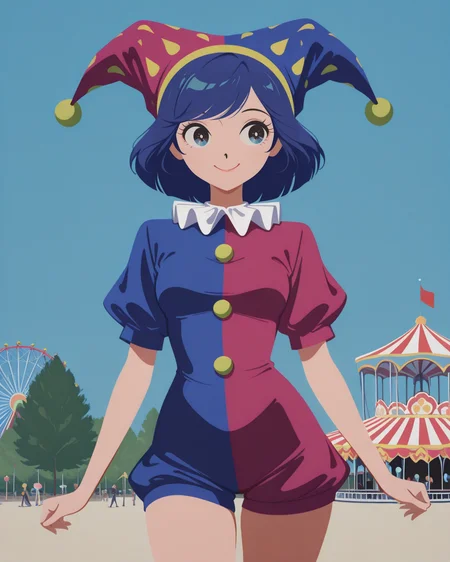 masterpiece,best quality,higres illustration,detailed face,1girl,<lora:minimaltoon_IL:1>,minimalism,smile,cowboy shot,jester girl,blue hair,swept bangs,amusement park,