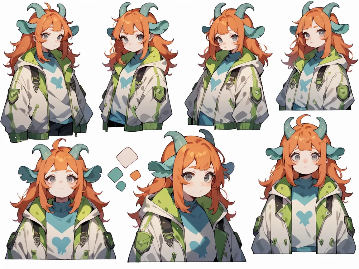 score_9, score_8_up, score_7_up, score_6_up, <lora:cut3ch4rXLP:0.8> cut3ch4r, 1girl, multiple views, jacket, long hair, (green|blue goat horns), white background, ginger hair, plump, grey eyes,
