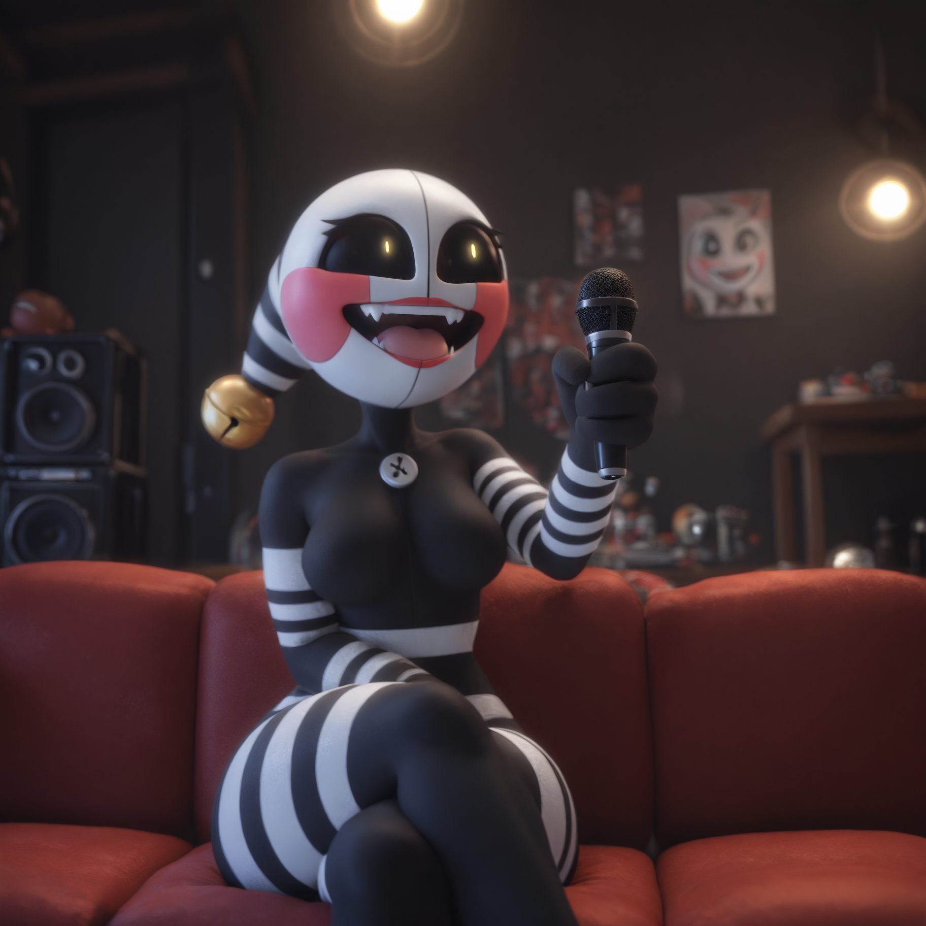 masterpiece, best quality, amazing quality, very aesthetic, absurdres, newest, 3d animation, dynamic lighting , dynamic angle, (realistic:0.7), (lineless:0.6), (detailed:1), dramatic lighting,  close-up shot, upper body shot,  1girl, solo, securitypuppet, black sclera, white pupils, glowing pupils, blush stickers, tear streaks, red lipstick, black body, striped body, white stripes, (arm stripes, leg stripes:1.2), thick thighs, wide hips, large waist, medium breasts,  white top, black blazer, pencil skirt, (yellow head bell, yellow hair bell, dangling bell:1),  sitting on couch, crossed legs, pointing, pointing finger, holding microphone,  looking up, open mouth, raised eyebrow, wide eyed, fangs,  indoors, black theme, red couch, overhead lights, speakers, cameras, high contrast, saturated colors,  <lora:NTR_MIX_4.0_LORA-000007:0>, <lora:anatomy_helper:0>, <lora:secpupIL:0>, <lora:secpupIL_e15_trained:0.75>, <lora:Detailer_NoobAI_Incrs_v1.safetensors:0>,