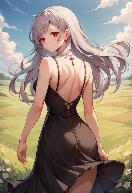 score_9, score_8_up, score_7_up, source_anime, <lora:fallenfreykr-ponyxl-beta4-10:0.9>, fallenFreyKR, long hair, red eyes, (white pupils), grey hair, from behind, black sundress, looking at viewer, looking back, light smile,closed mouth, field, meadow, sunbeam, three-quarter portrait, hips, swept bangs,