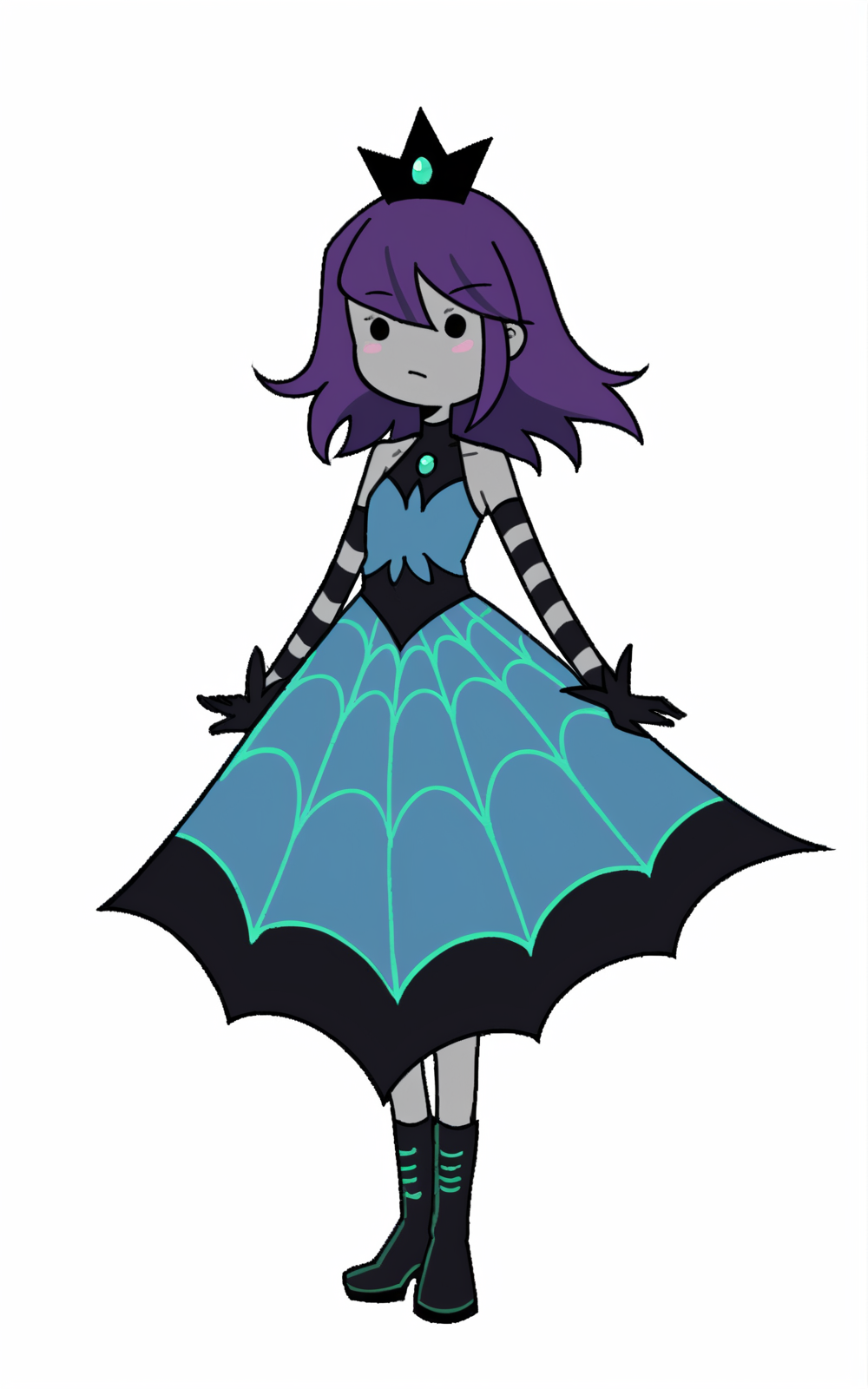score_9, score_8_up, score_7_up,((best quality)), absurdres, full body, <lora:BolivanteStyle:0.8>, <lora:NPATPXL:0.8>,NPATPXL,grey skin, black crown, dress, multicolored dress, gloves, striped, turtleneck, boots, 1girl, solo, simple background, white background, bare shoulders, standing, full body, purple hair, sleeveless,white background