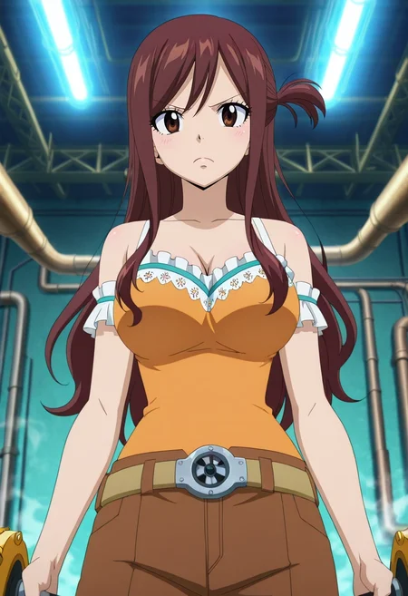 masterpiece, best quality, anime screencap, anime coloring, official style, intricate details, looking at viewer, 1girl, chizuru mizuhara, brown hair, brown eyes, solo, steam factory, gear wheels, pipe networks, pressure gauges, working pose, concentrated expression, industrial lighting, <lora:fairy_tail_style_ilxl:1>, fairy_tail_style,