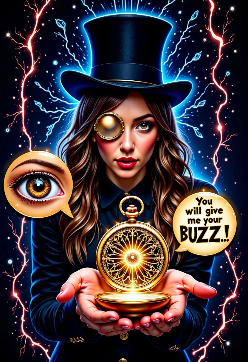 A photo of female hypnotist, wearing a top hat, wearing a monocle, holding a pocket watch, it sways hypnotically, motion lines of watch moving, viewer's eye reflects on watch glass, glass, intricate light, intricate artwork masterpiece, golden ratio, trending on artstation, highly detailed. watch is metallic. mtlartCE_style. aidmatextimprover. Text bubble comes out of hypnotist that reads "You will give me your BUZZ..." electric plasma flows around edges of frame, colorful