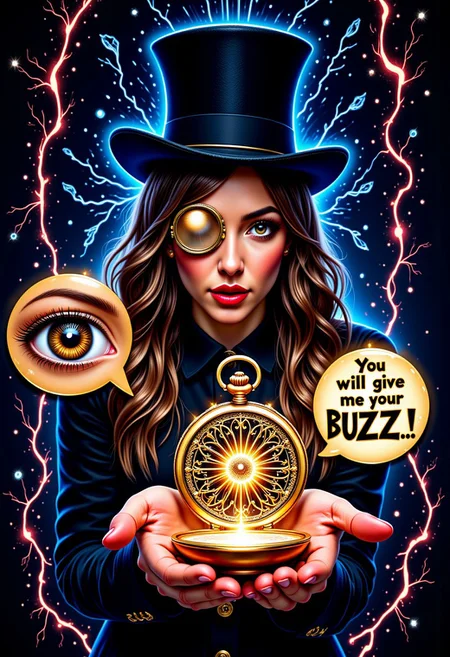 A photo of female hypnotist, wearing a top hat, wearing a monocle, holding a pocket watch, it sways hypnotically, motion lines of watch moving, viewer's eye reflects on watch glass, glass, intricate light, intricate artwork masterpiece, golden ratio, trending on artstation, highly detailed. watch is metallic. mtlartCE_style. aidmatextimprover. Text bubble comes out of hypnotist that reads "You will give me your BUZZ..." electric plasma flows around edges of frame, colorful