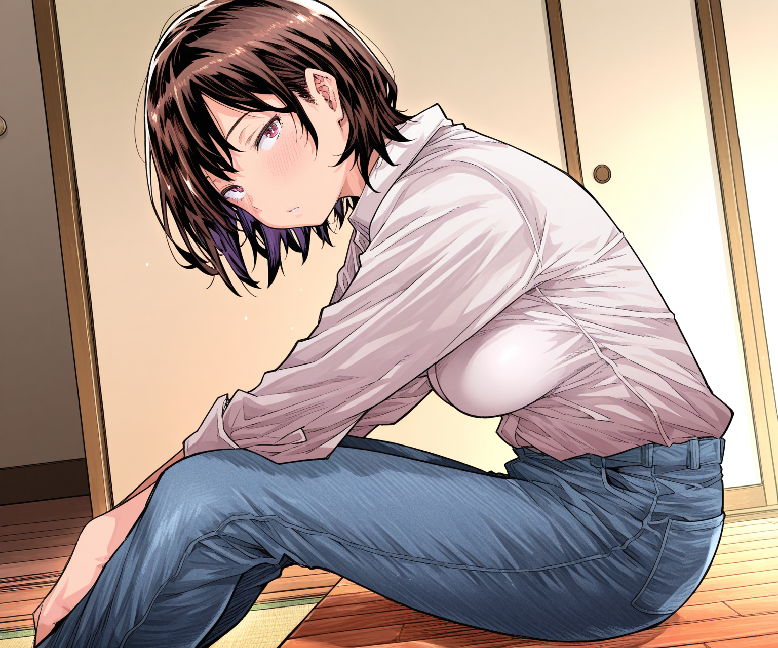masterpiece, best quality, amazing quality, sfw, 1girl, solo, shirt, pants, looking at viewer,  sitting,   <lora:Aino Chie style ILL-v2.1:1> ainochie_style