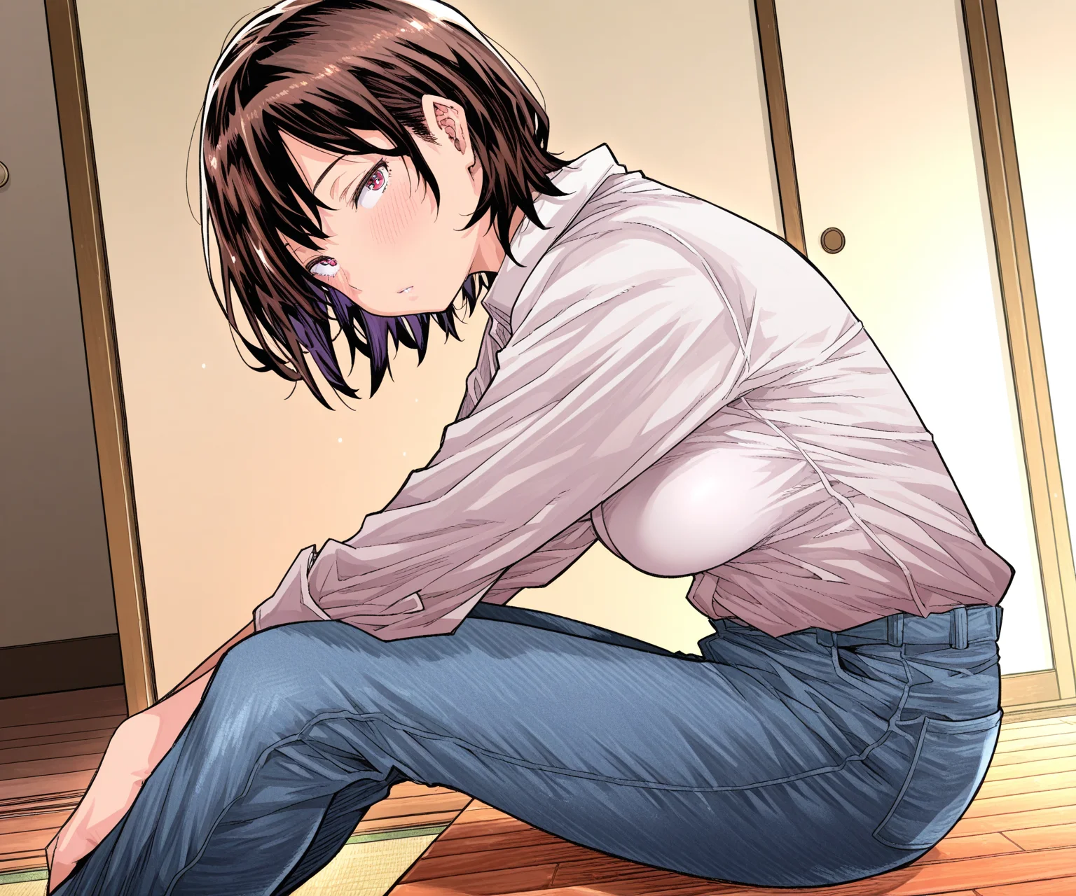 masterpiece, best quality, amazing quality, sfw, 1girl, solo, shirt, pants, looking at viewer, sitting, <lora:Aino Chie style ILL-v2.1:1> ainochie_style