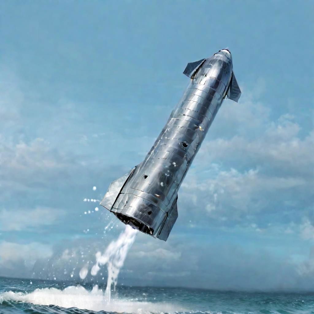 (metal Starship):3, landing on the ocean, waves, spray, splash