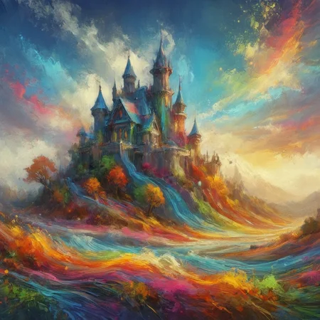 Cycles render, stout Ivorian liquid colorful paint forming the shape of a mechanical castle on an autumn hilltop, made of colorful dripping liquid paint <lora:Rainbow_Style:0.8>, Atompunk, Rembrandt lighting, (colorful art stylized by Lisa Frank:1.1) , Morris Hirshfield Krenz Cushart, WLOP, James Jean, Andrei Riabovitchev, Marc Simonetti, Yoshitaka Amano, Thomas Kinkade, Makoto Shinkai, ArtStation, CGSociety