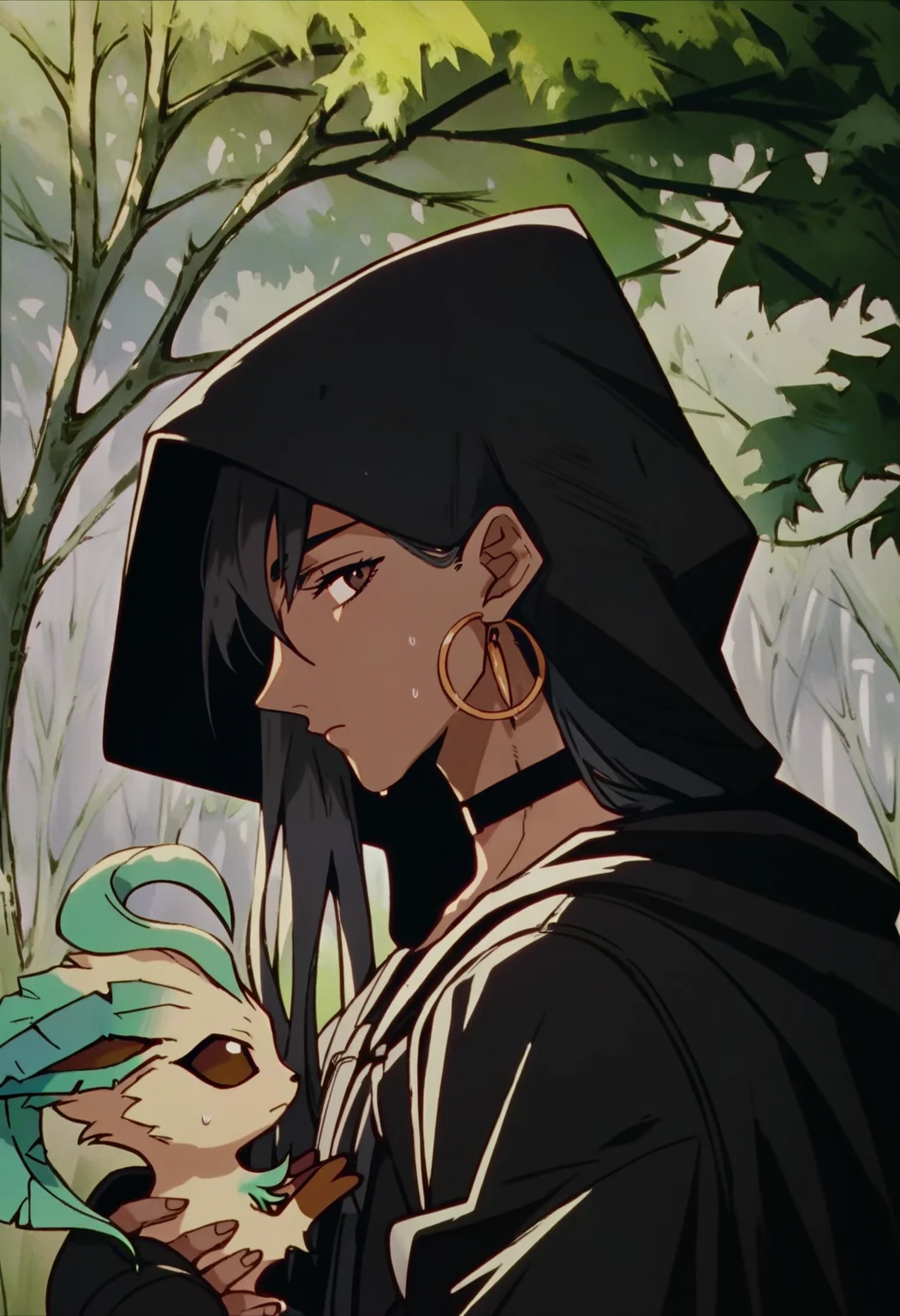 score_9, score_8_up, score_7_up, score_6_up, score_5_up, score_4_up,
<lora:BerserkV5:1> berserk,
1girl, solo, long hair, looking at viewer, black hair, long sleeves, holding, closed mouth, jewelry, brown eyes, jacket, upper body, outdoors, earrings, sweat, choker, looking back, hood, blurry, sweatdrop, from side, black jacket, tree, pokemon (creature), black choker, profile, animal, leaf, hood down, plant, straight hair, nature, forest, hoop earrings, hair behind ear, holding animal, film grain, holding pokemon, leafeon