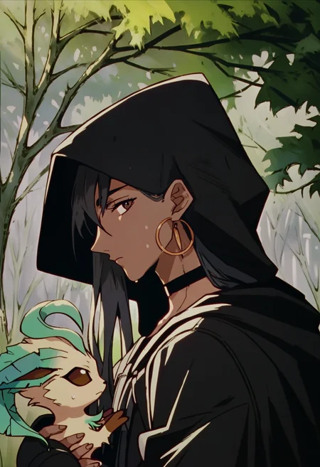 score_9, score_8_up, score_7_up, score_6_up, score_5_up, score_4_up,
<lora:BerserkV5:1> berserk,
1girl, solo, long hair, looking at viewer, black hair, long sleeves, holding, closed mouth, jewelry, brown eyes, jacket, upper body, outdoors, earrings, sweat, choker, looking back, hood, blurry, sweatdrop, from side, black jacket, tree, pokemon (creature), black choker, profile, animal, leaf, hood down, plant, straight hair, nature, forest, hoop earrings, hair behind ear, holding animal, film grain, holding pokemon, leafeon