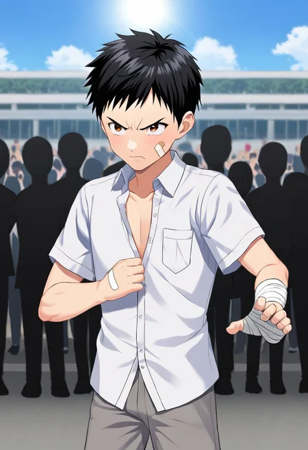 harmard, black hair, short hair, brown eyes, 1boy, solo, solo focus, wear white shirt, unbuttoned shirt, chest pocket, black t-shirt, grey pants, plaster on cheek, bandage on hands, outdoor, fight pose, furious expression, BREAK crowd, (faceless woman:1.40), young man