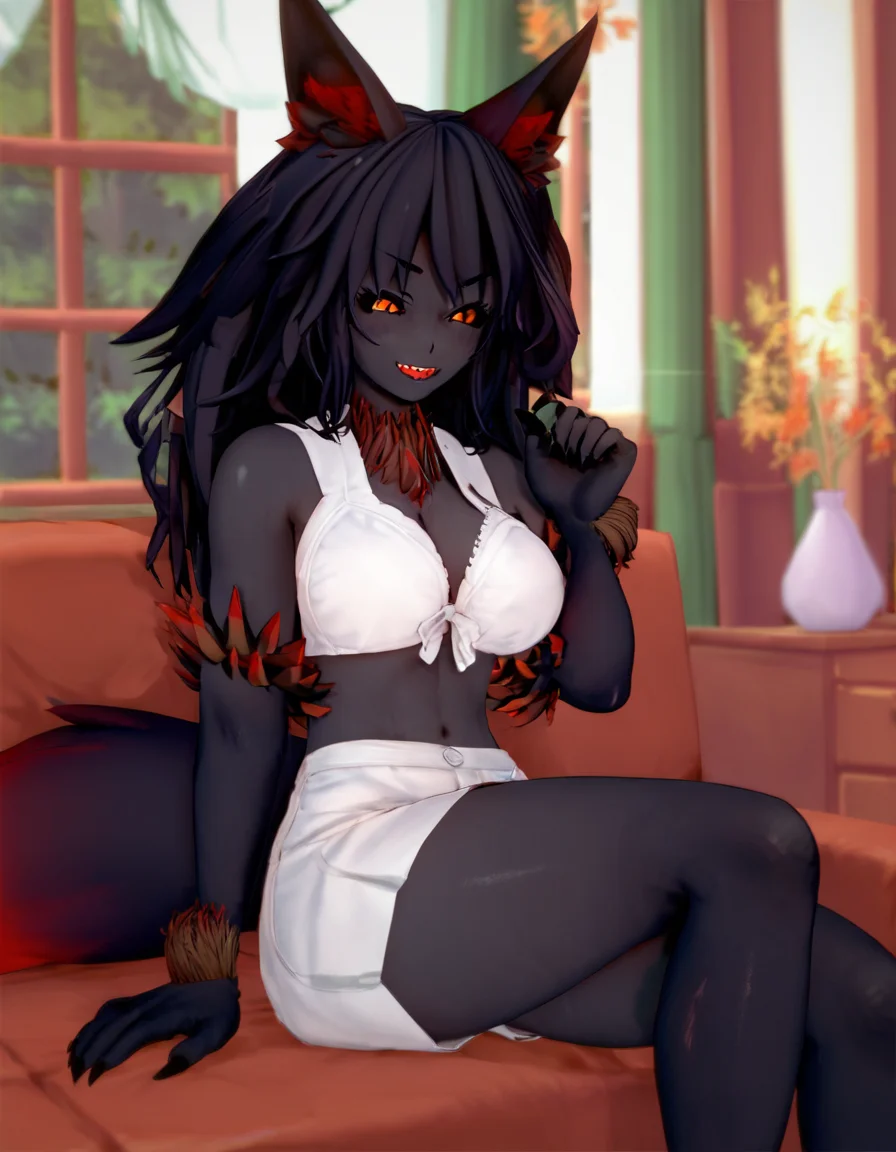 score_9, score_8_up, score_7_up, score_6_up, score_5_up, score_4_up, source_anime, Hellhound, colored skin, monster girl, red eyes, animal ears, black hair, colored sclera, long hair, black sclera, large breasts, black skin, animal hands, grey skin, dark skin, dark-skinned female, slit pupils, fur, sharp teeth, claws, purple hair, animal ear fluff, wolf ears, fangs, bangs, orange eyes, multicolored hair, black fur, wolf tail, demon girl, furry, wolf, body fur school uniform, smirk, sitting, class room,