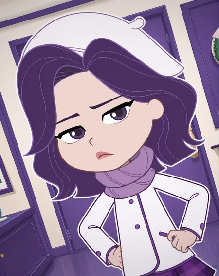 Sour_Grapes, 1girl, solo, purple hair, purple eyes, winter outfit, white beret, white winter coat, light purple scarf, purple plaid skirt, pastel purple tights, violet flats, (Bored, dutch angle, Hands on hips,naughty pose, looking at viewer, indoors, elegant room, solo, dynamic pose, full_body, head tilt,),((white background, White frame, white outline))