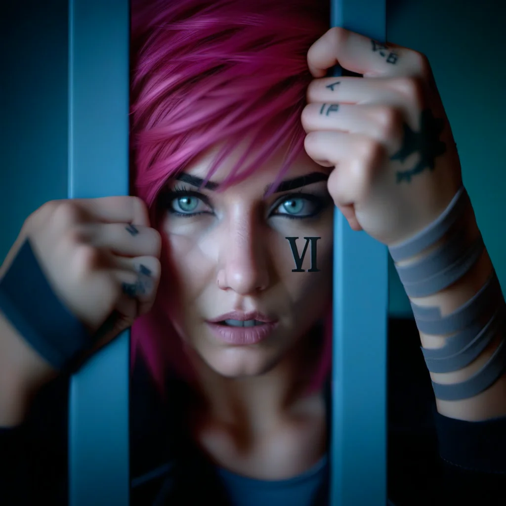 a woman, full body, pink hair, in jail behind bars (((text ''VI''))) <lora:Vi1024-V2:0.8>