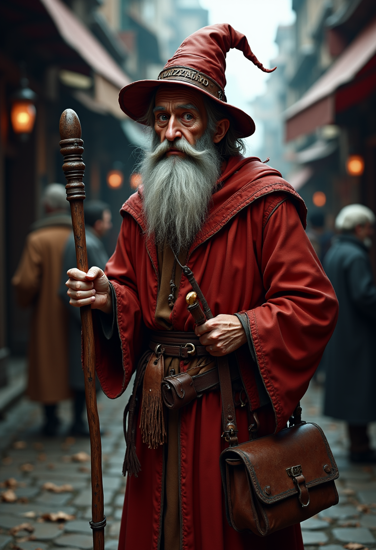 Rincewind, tall, aristocratic, sorrowful expression, mild indignation, faded red robe, slightly shabby, crooked pointed hat, mismatched letters "WIZZARD" on hat, thin neatly trimmed beard, bewildered look, holding battered leather satchel, gripping old bent staff, chaotic bustling street background, strange shops, peculiar characters, humorous tension, mild panic, stubborn determination