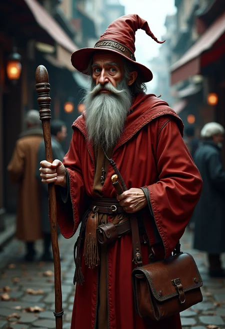 Rincewind, tall, aristocratic, sorrowful expression, mild indignation, faded red robe, slightly shabby, crooked pointed hat, mismatched letters "WIZZARD" on hat, thin neatly trimmed beard, bewildered look, holding battered leather satchel, gripping old bent staff, chaotic bustling street background, strange shops, peculiar characters, humorous tension, mild panic, stubborn determination