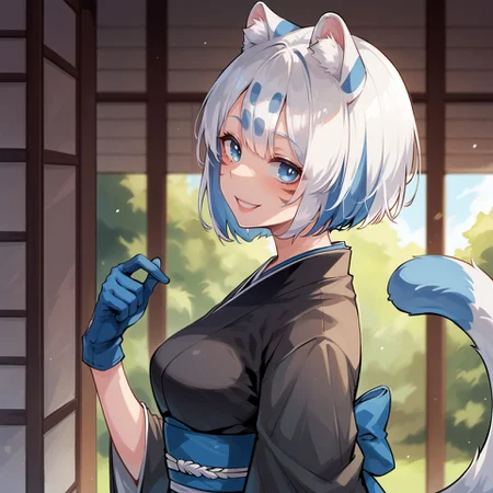 score_9, score_8_up, score_7_up, score_6_up, maru, animal ears, tail, facial mark, blue eyes, white hair, blue hair,
bob cut, asymmetrical hair, japanese clothes, black kimono, blue gloves, side view, hip to the side, contrapposto, solo, smile, looking at viewer, cowboy shot,
<lora:maru_race_v1-000008:0.9>,