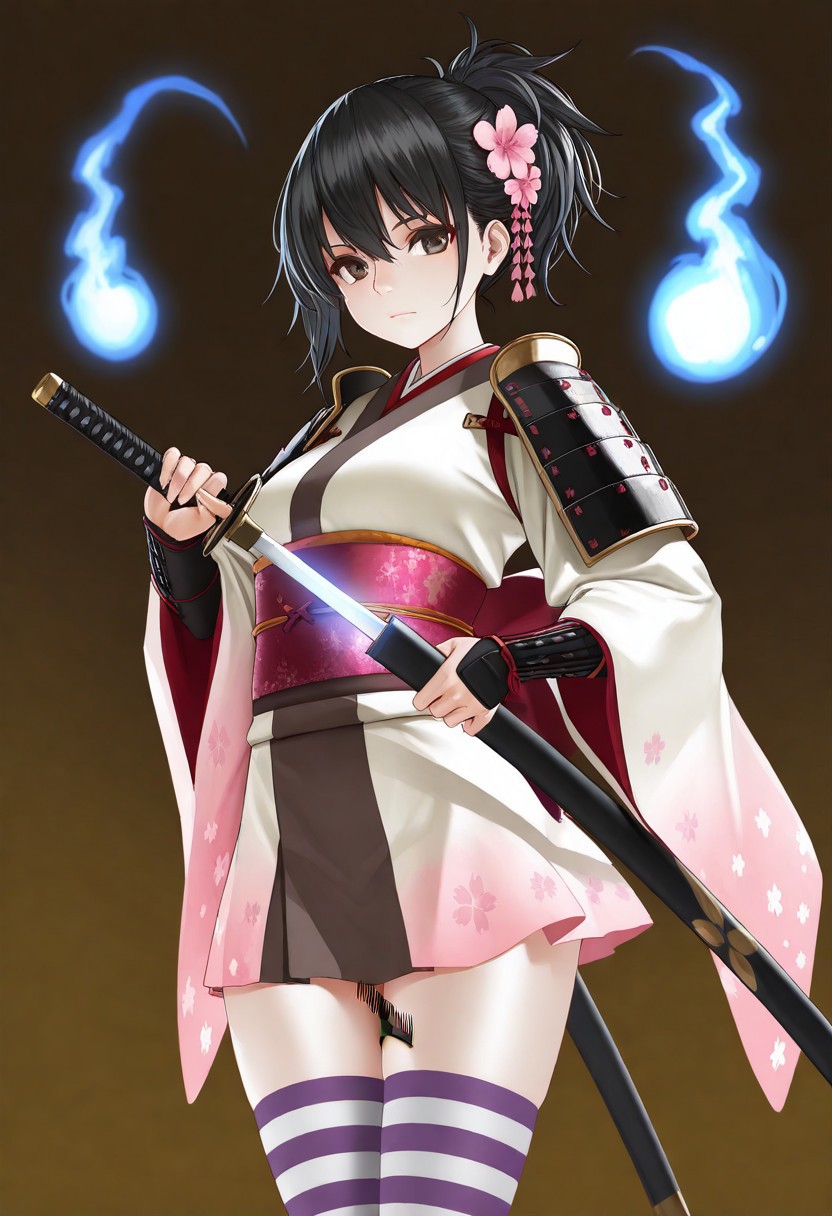 masterpiece, best quality, very aesthetic, absurdres, 
1girl, cowboy_shot, solo, vanillaware, 
ninja, brown_eyes, black_hair, ponytail, long_hair, pale_skin, japanese_clothes, japanese_armor, kanzashi, comb, hair_flower, cherry_blossom_print, short_kimono, print_kimono, wide_sleeves, long_sleeves, shoulder_armor, sode, kurokote, obi, obijime, striped_thighhighs, zettai_ryouiki, tabi, waraji, katana, hitodama, sheath, unsheathing, scabbard, standing, looking_at_viewer, closed_mouth, left-handed, sword_between_thighs, 
az-ys-il