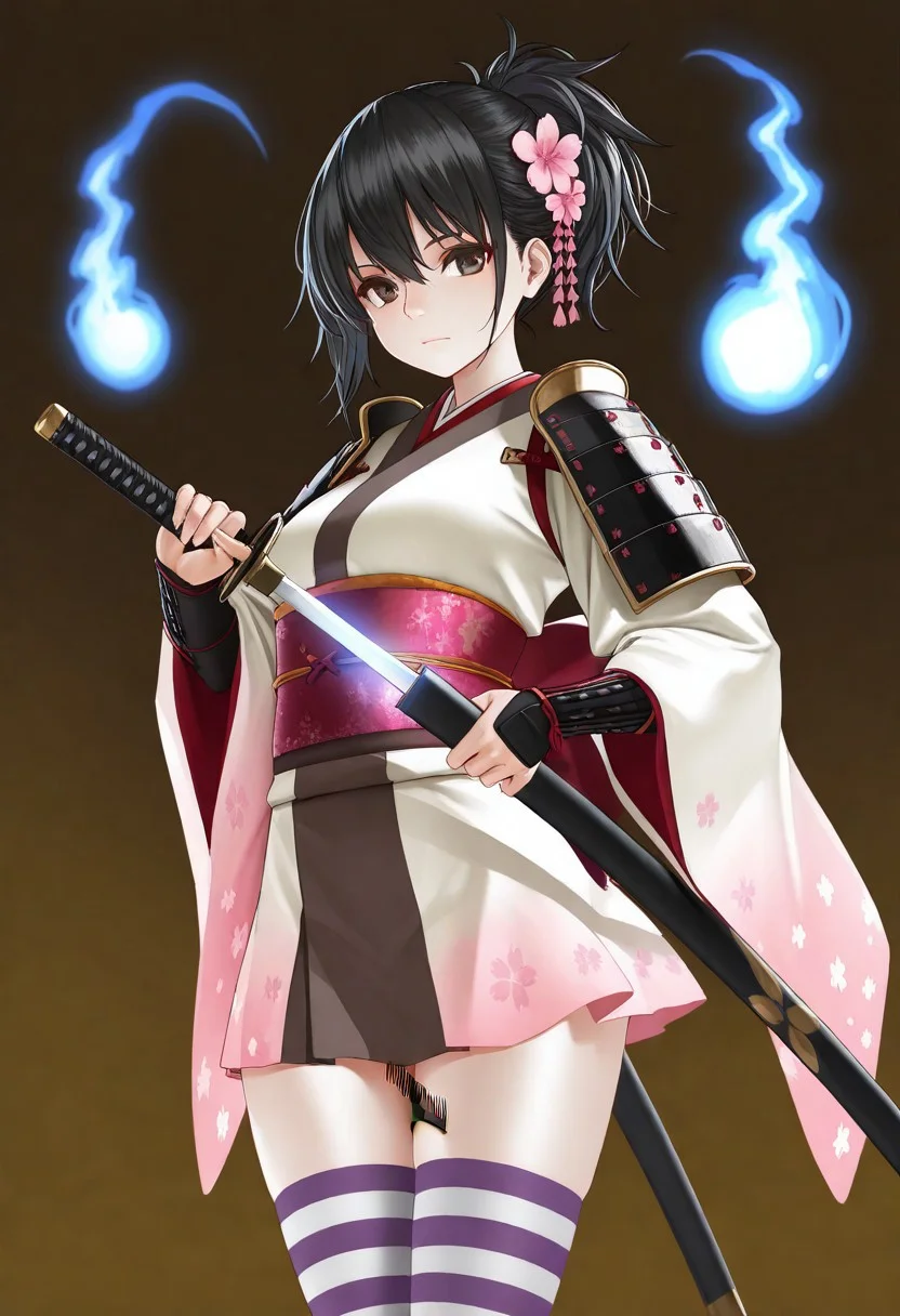 masterpiece, best quality, very aesthetic, absurdres,
1girl, cowboy_shot, solo, vanillaware,
ninja, brown_eyes, black_hair, ponytail, long_hair, pale_skin, japanese_clothes, japanese_armor, kanzashi, comb, hair_flower, cherry_blossom_print, short_kimono, print_kimono, wide_sleeves, long_sleeves, shoulder_armor, sode, kurokote, obi, obijime, striped_thighhighs, zettai_ryouiki, tabi, waraji, katana, hitodama, sheath, unsheathing, scabbard, standing, looking_at_viewer, closed_mouth, left-handed, sword_between_thighs,
az-ys-il