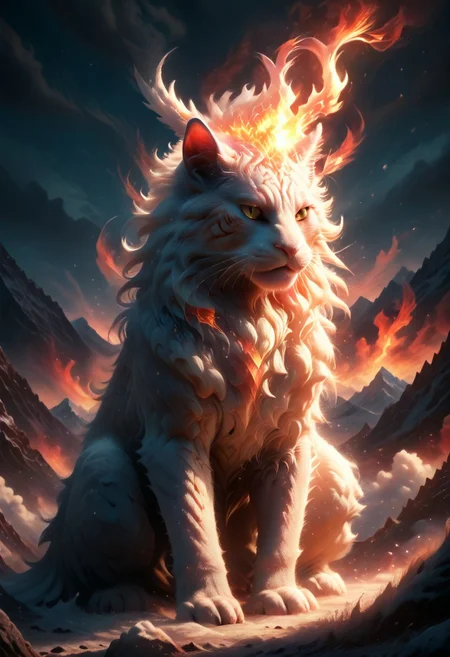PonyXLV6_Scores, score_9, score_8_up, score_7_up, masterpiece, AP, mythical beast, white cat, dark, mountain, exotic dragon, dragon cat, epic, solo, breathing fire