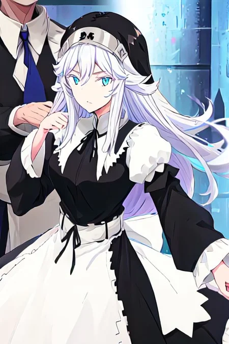 solo, 1girl, solo_focus,
sister ivry, long hair, bangs, blue eyes, hair between eyes, white hair,, maid, nun, habit, puffy sleeves, long sleeves, dress, black dress,