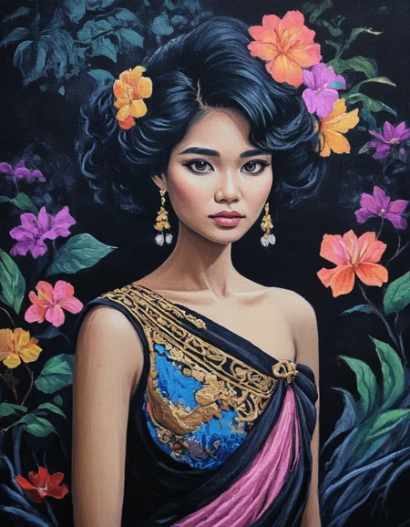 novuschroma49 style average thai woman wearing 1980s fashion art nouveau as a painting on black canvas <lora:novuschroma49 style_2:1>