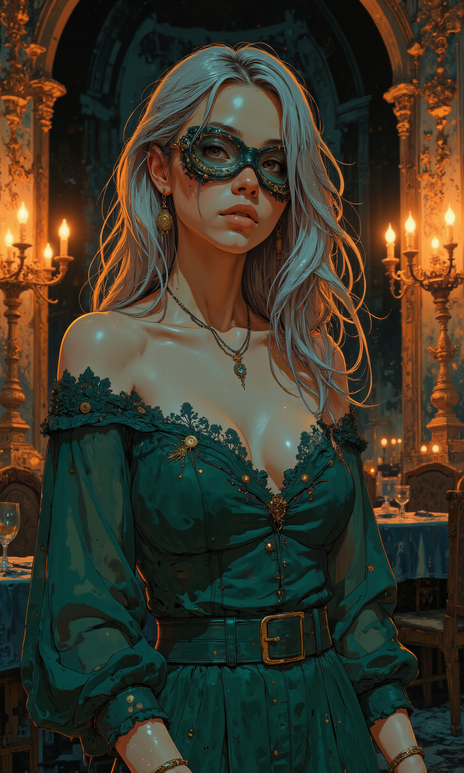 A regal and enigmatic female character portrayed as a regal enchantress in an opulent setting. Her striking violet eyes are highlighted by an intricate masquerade mask, encrusted with amethyst gemstones, lending her an air of mystery. Flowing waves of silver hair cascade down her shoulders, contrasting vividly with her sumptuous emerald gown adorned with golden filigree and delicate lace. She stands gracefully, flanked by tall, ornate candelabras casting a warm, soft glow that creates a rich interplay of light and shadow. The opulent background showcases rich velvet draperies and gilded ornamentation, enhancing the aura of sophistication and elegance. The character's poised demeanor and subtle enigmatic smile suggest a story untold. Capture this masterpiece in ultra-high definition, rich detail, and impeccable composition, delivering a transcendent visual experience. <lora:flux_dev:1> <lora:sxz-Dark-Fantasy-v2-Flux:0.5> <lora:It's a LoRA for portraits, BUT! actually specialized in backgrounds. v1.0:0.8> <lora:Kodak Motion Picture Film style v1:0.4>
