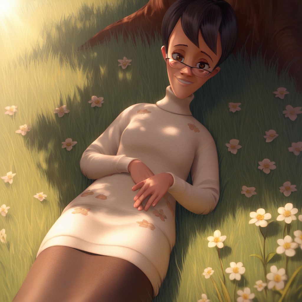 score_9, score_8, score_7, break, solo, mildred_mtr, black hair, short hair, brown eyes, glasses, sweater, long skirt, on back, grass, flowers, shadows, sunlight, looking at viewer, smile, tree