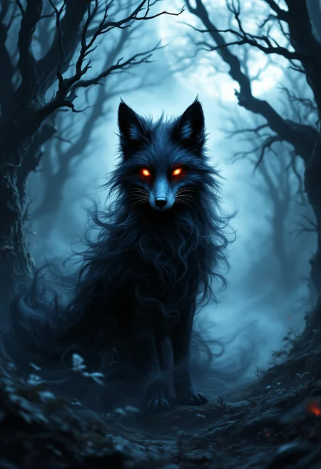 "Create a hyper-stylistic image of a majestic black fox made from wispy shadow smoke, standing dominantly amidst the trees in a foggy, mythical forest. The fox's body is composed of delicate, swirling tendrils of smoke that seem to shift and writhe like living darkness. Its eyes glow like two bright, red embers, piercing through the fog and illuminating the surrounding trees. Moonlight beams down from above, casting an ethereal glow over the forest and highlighting the fox's shadowy form. The trees themselves are twisted and gnarled, with branches that seem to reach out like skeletal fingers. The fog swirls around the fox's paws, creating a sense of mystery and otherworldliness. The overall effect is a haunting, mystical image that combines the beauty of nature with the magic of the unknown." highest-Quality, intricate details, visually stunning, Masterpiece