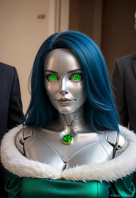 A 35mm photo of a beautiful 20 year old woman, she is a humanoid robot , robotic face , robotic body, emerald green robotic eyes, freckles, smooth featureless silver grey robotic skin, robotic aerials, metallic dark blue hair, elegant red Christmas satin dress with white fur trim
TheFaceLess