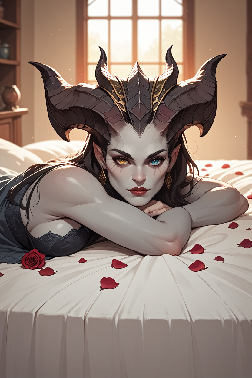 score_9, score_8_up, score_7_up, score_6_up
 <lora:D4Lilith:0.8>
D4Lilith, demon horns, heterochromia, gray skin, looking at viewer, sleeping in a bed, rose petals, Romanian house