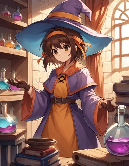 score_9, score_8_up, score_7_up, source_anime, <lora:haruhi-suzumiya-s1-ponyxl-lora-nochekaiser:1>, haruhi suzumiya, short hair, brown hair, brown eyes, hairband, medium hair, ribbon, hair ribbon,, <lora:wizard-ponyxl-lora-nochekaiser:1>, wizard, wizard hat, robe, dress, long sleeves, gloves,, indoors, bricks, potion, flask, vial,, cowboy shot,