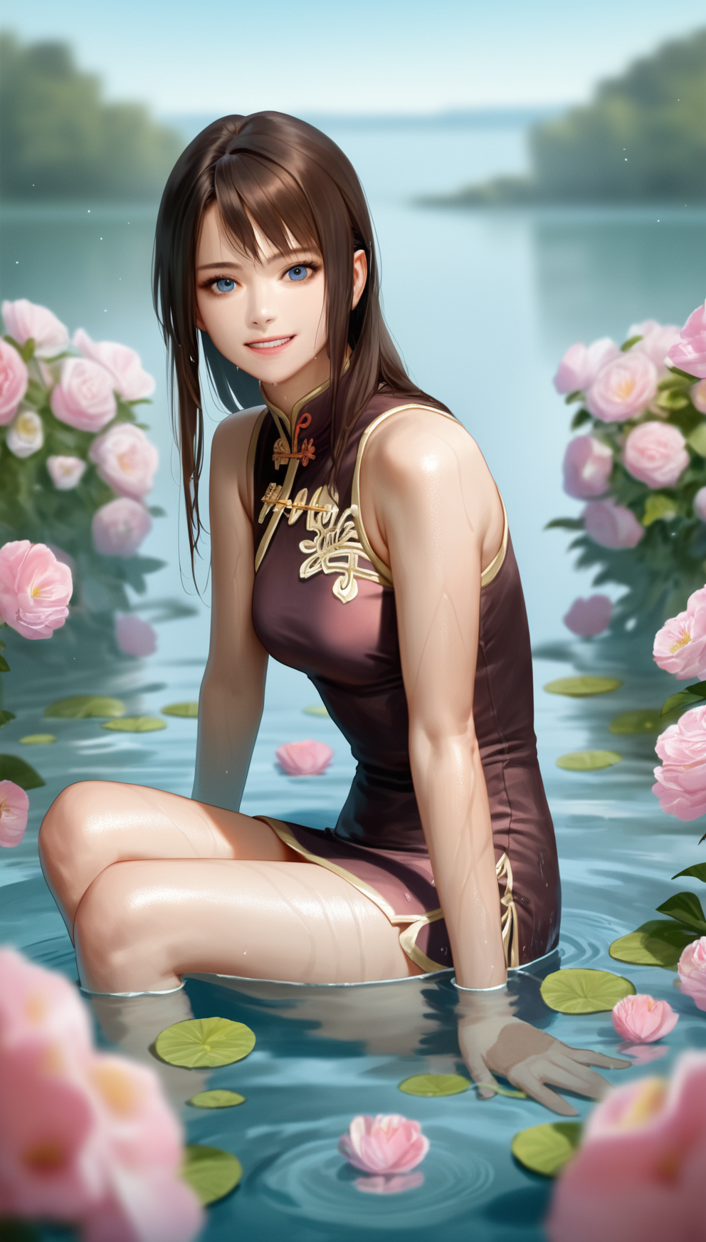 score_9,score_8_up,score_7_up,
<lora:diaochan:0.9>,
diaochan,
highres,photorealism,Cinematic Lighting,bloom,
1girl,solo,brown hair,long hair,bangs,
blue eyes,looking at viewer,grin,
purple cheongsam,short skirt,
sitting,feet in water,wet,
blurry background,outdoors,courtyard,flowers in background,blue sky,clear water,light particles,