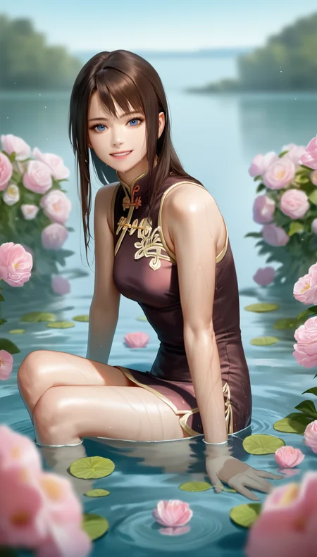 score_9,score_8_up,score_7_up,
<lora:diaochan:0.9>,
diaochan,
highres,photorealism,Cinematic Lighting,bloom,
1girl,solo,brown hair,long hair,bangs,
blue eyes,looking at viewer,grin,
purple cheongsam,short skirt,
sitting,feet in water,wet,
blurry background,outdoors,courtyard,flowers in background,blue sky,clear water,light particles,