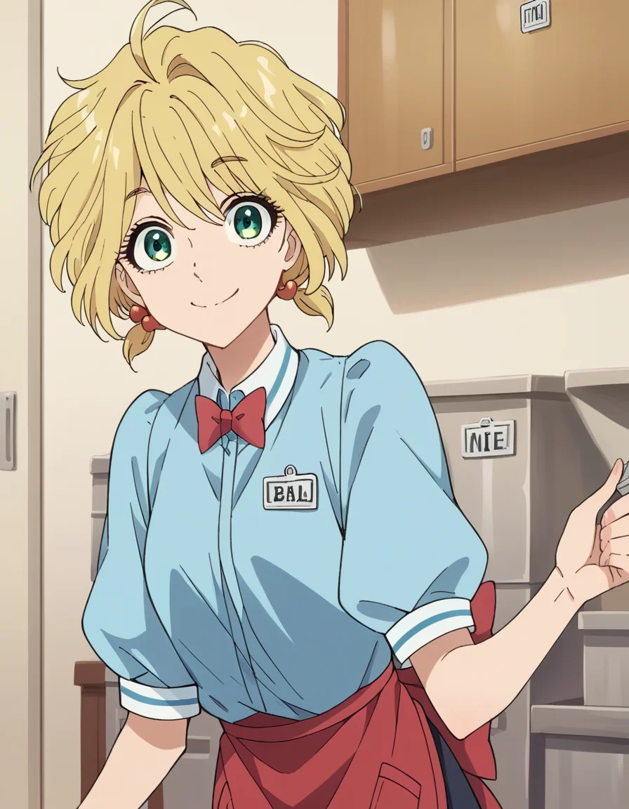score_9, score_8_up, score_7_up, source_anime, <lora:yui-nishida-s1-ponyxl-lora-nochekaiser:1>, yui nishida, short hair, blonde hair, green eyes, ahoge,, shirt, bow, short sleeves, puffy sleeves, apron, blue shirt, name tag, waitress,, indoors, smile, looking at viewer, solo,, cowboy shot, dutch angle