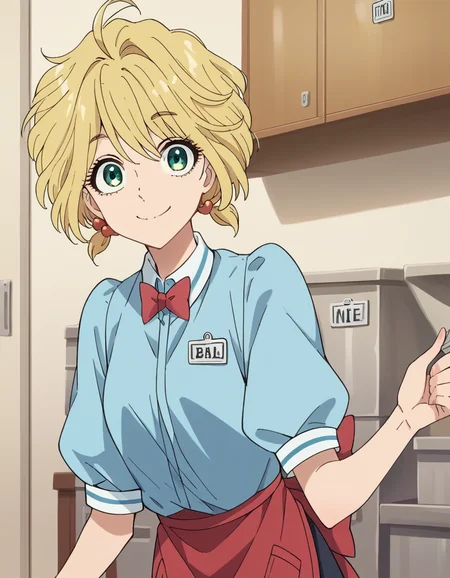 score_9, score_8_up, score_7_up, source_anime, <lora:yui-nishida-s1-ponyxl-lora-nochekaiser:1>, yui nishida, short hair, blonde hair, green eyes, ahoge,, shirt, bow, short sleeves, puffy sleeves, apron, blue shirt, name tag, waitress,, indoors, smile, looking at viewer, solo,, cowboy shot, dutch angle