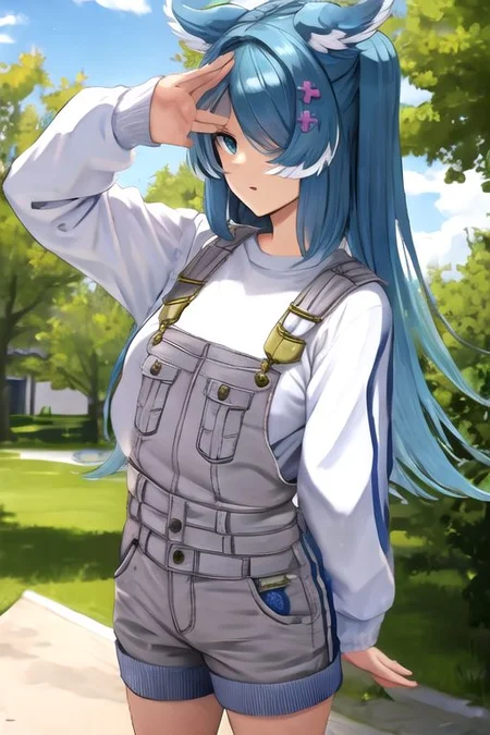solo_focus, 1girl, (((masterpiece))), ((best quality)), ((ultra-detailed)), high resolution, absurdres, highres, ultra-detailed 8k unity wallpaper,
elira1st, long sleeves, overalls, white sweater, off shoulder, grey gloves, one eye covered, overall shorts,