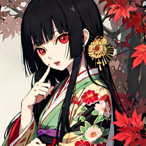 enma ai, hair down, hair black, bangs, eyes red, masterpiece, best quality, ultra-detailed, illustration, 1girl, solo, highres, photorealistic, ultra high res, (Original illustration composition), (fusion of limited color,Maximalism artstyle, kimono fashion, double exposure, background, illustration, Amazing, lily spider, night darkness, open one's mouth, middle finger, show the middle finger