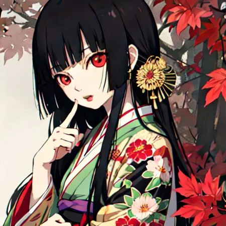 enma ai, hair down, hair black, bangs, eyes red, masterpiece, best quality, ultra-detailed, illustration, 1girl, solo, highres, photorealistic, ultra high res, (Original illustration composition), (fusion of limited color,Maximalism artstyle, kimono fashion, double exposure, background, illustration, Amazing, lily spider, night darkness, open one's mouth, middle finger, show the middle finger