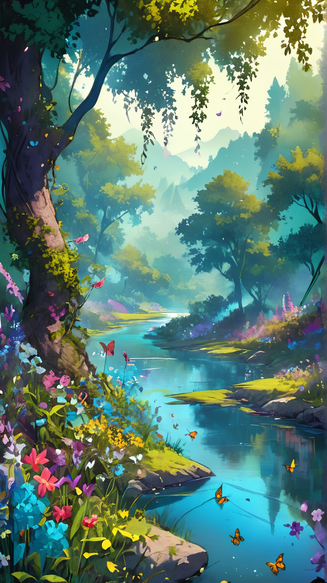 river, trees, flowers, butterflys, detailed
 (<lora:NIJI V6 (Midjourney):1> aidma-niji niji