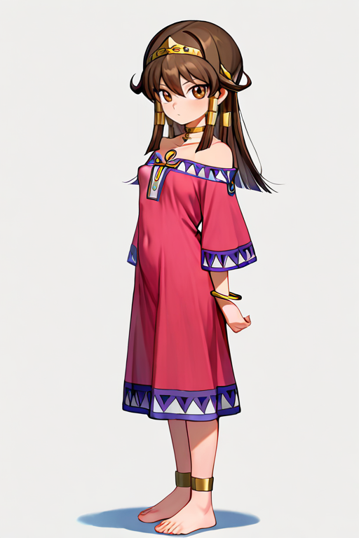 masterpiece, High quality, Ultra detailed, 2d, newest, absurdres, highres, BREAK
1girl, solo, egyptian, <lora:sera:0.8>, sera_(yu-gi-oh!), long hair, brown hair, sidelocks, hairband, hair tubes, jewelry, hair between eyes, brown eyes, choker,
small breasts, seradef, off-shoulder dress, dress, ankh, bracelet, foot, barefoot, 
full body, standing, looking at viewer, from side,