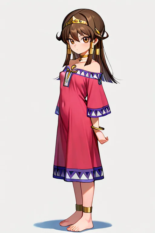 masterpiece, High quality, Ultra detailed, 2d, newest, absurdres, highres, BREAK
1girl, solo, egyptian, <lora:sera:0.8>, sera_(yu-gi-oh!), long hair, brown hair, sidelocks, hairband, hair tubes, jewelry, hair between eyes, brown eyes, choker,
small breasts, seradef, off-shoulder dress, dress, ankh, bracelet, foot, barefoot,
full body, standing, looking at viewer, from side,